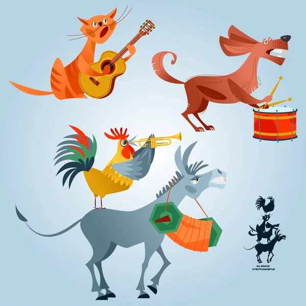 Animals Play Various Musical Instruments Rooster Pipe Dog Drum Cat — 图库矢量图片