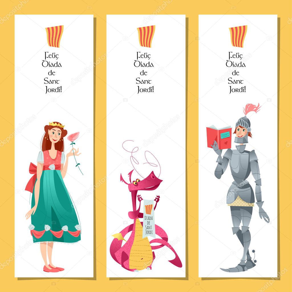 Set of bookmarks with princess, knight and dragon. Diada de Sant Jordi (the Saint Georges Day). Dia de la rosa (The Day of the Rose). Dia del llibre (The Day of the Book). Traditional festival in Catalonia, Spain