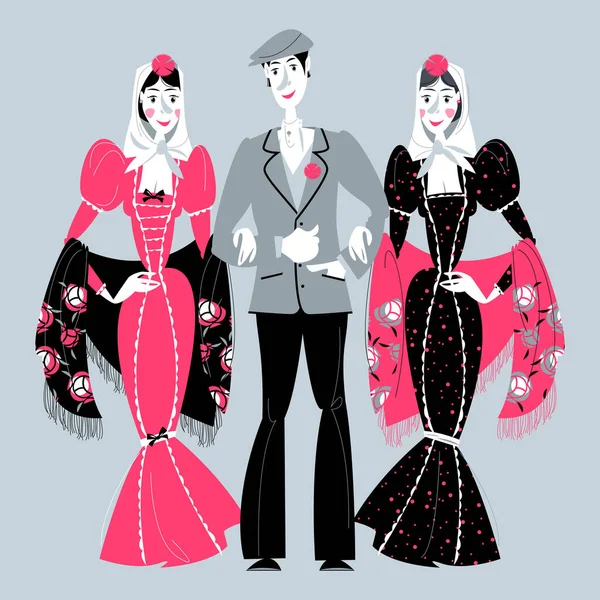 Άνδρας Και Δύο Γυναίκες Παραδοσιακά Ρούχα Κατά Διάρκεια Της Γιορτής — Διανυσματικό Αρχείο