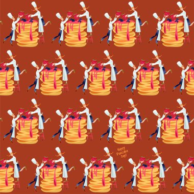 Küçük erkek ve kız şefler kocaman krepleri böğürtlenlerle süsler. Gözleme Günün kutlu olsun! Vektör illüstrasyonu Kusursuz arkaplan deseni. 