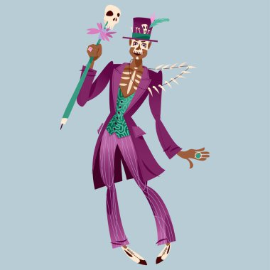 Baron Samedi (Baron Cumartesi) kostümü giymiş kafatası makyajlı dansçı..