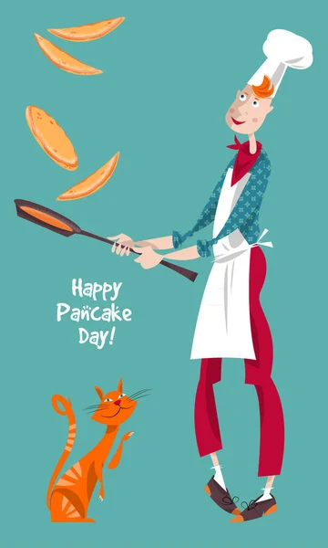 Happy Pancake Day Cute Cook Boy Tosses Pancake Frying Pan — Stockový vektor