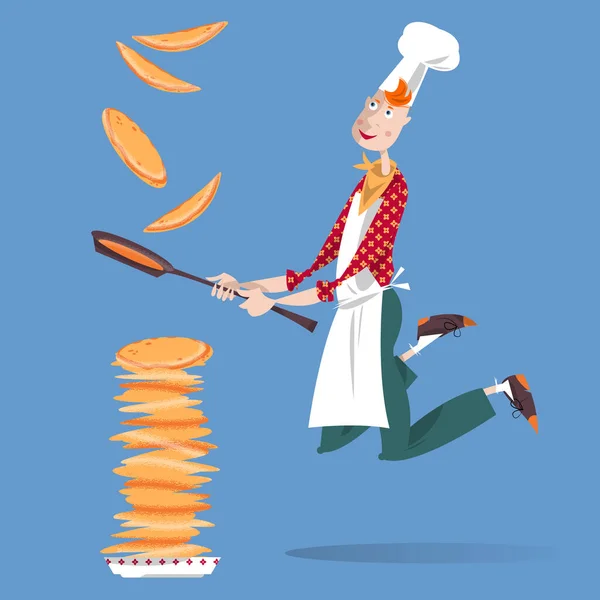 Cute Cook Boy Tosses Pancake Frying Pan Happy Pancake Day — Vettoriale Stock