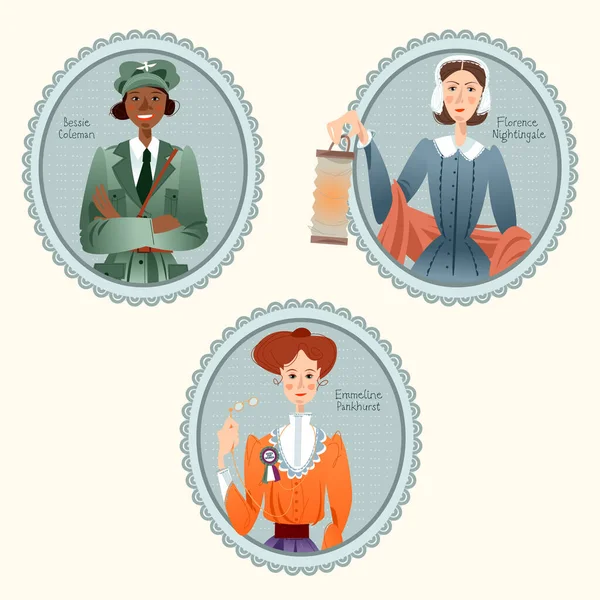 Famous Women Bessie Coleman Emmeline Pankhurst Florence Nightingale — Stock Vector