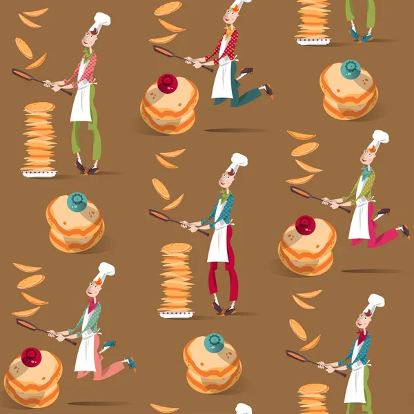 Cook Boy Tosses Pancake Frying Pan Happy Pancake Day Seamless —  Vetores de Stock