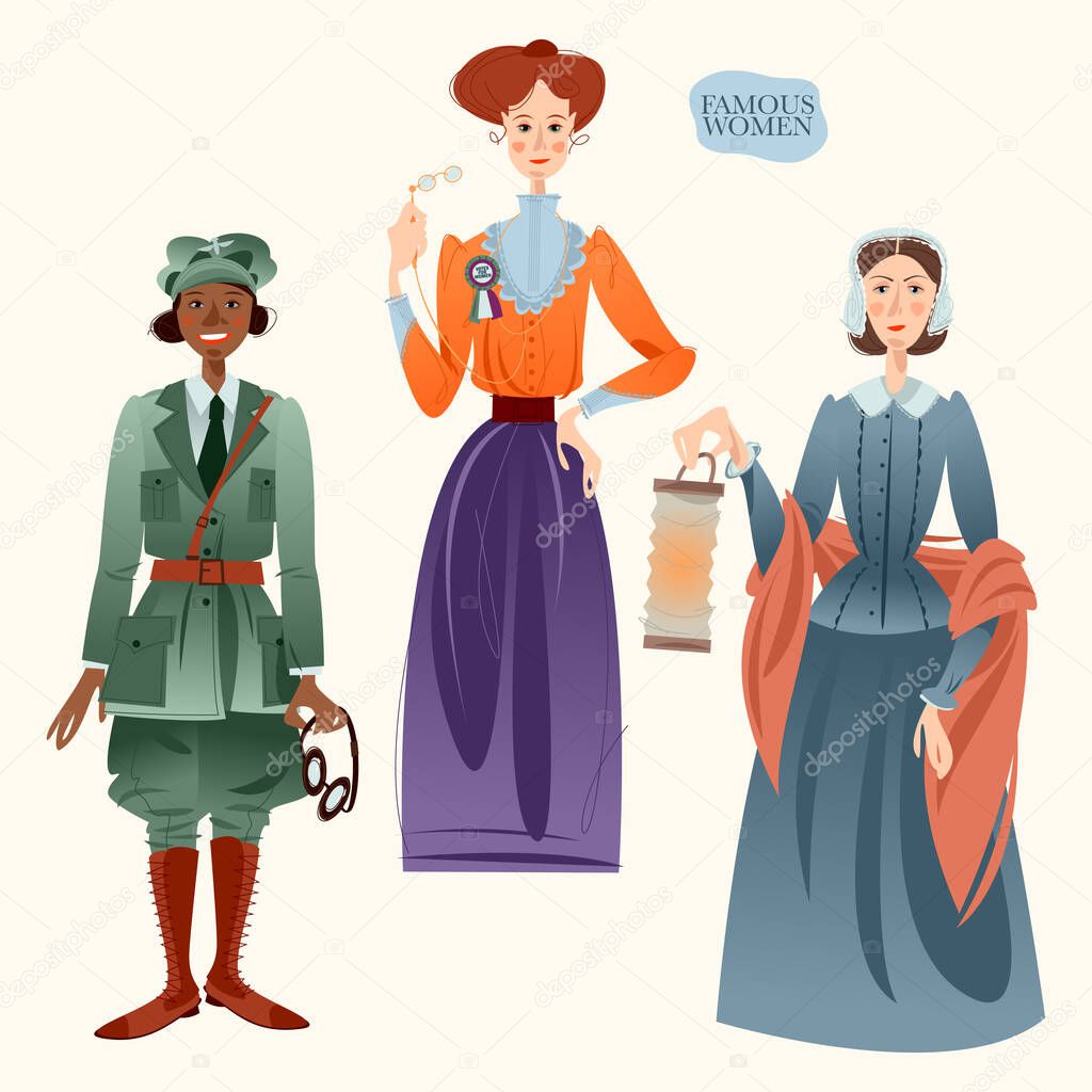 Famous women. Bessie Coleman, Emmeline Pankhurst, Florence Nightingale. 