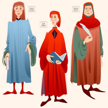 Giovanni Boccaccio, Dante Alighieri, Francesco Petrarca. Famous italian writers. clipart