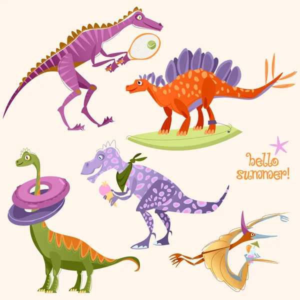 Les Dinosaures Jouent Dehors Activités Estivales Amusantes Bonjour Été — Image vectorielle