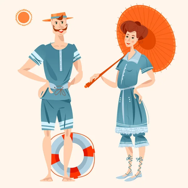 Pareja Trajes Baño Retro Estilo Victoriano Vacaciones Playa Viajes Turismo — Vector de stock