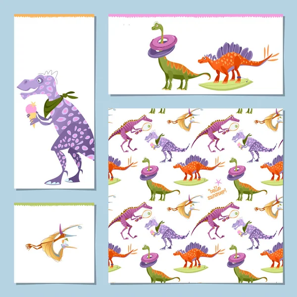 Conjunto Cartas Universales Con Dinosaurios Jugando Aire Libre Actividades Divertidas — Archivo Imágenes Vectoriales