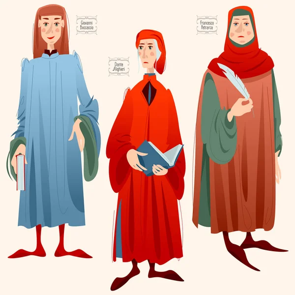 Giovanni Boccaccio Dante Alighieri Francesco Petrarca Beroemde Italiaanse Schrijvers — Stockvector