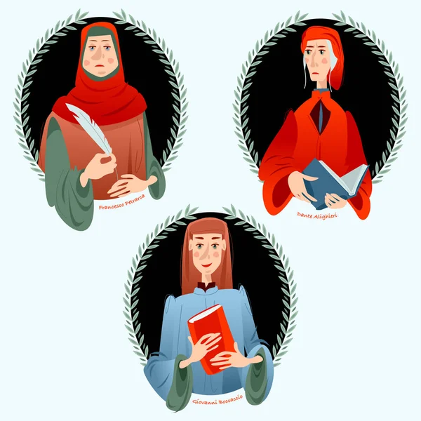 Giovanni Boccaccio Dante Alighieri Francesco Petrarca Famosos Escritores Italianos — Vector de stock