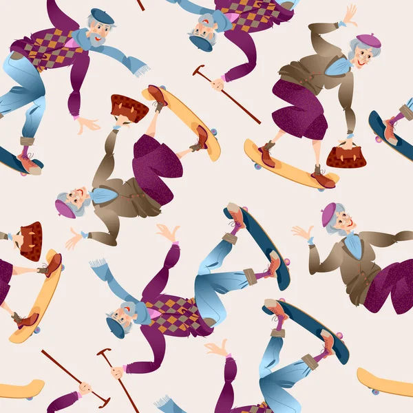 Yaşlı bir adam ve kaykay süren bir kadın. Kusursuz arkaplan deseni. 