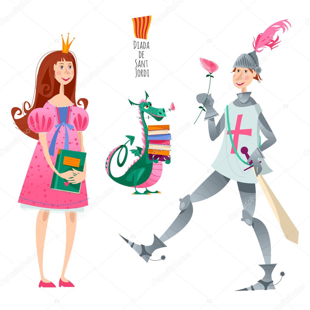 Princess, knight with a rose and dragon with books. Diada de Sant Jordi (the Saint Georges Day). Dia de la rosa (The Day of the Rose). Dia del llibre (The Day of the Book). Traditional festival in Catalonia, Spain