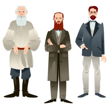 History of Russia. Famous Russian writers. Leo Tolstoy, Fyodor Dostoevsky, Anton Chekhov.  clipart