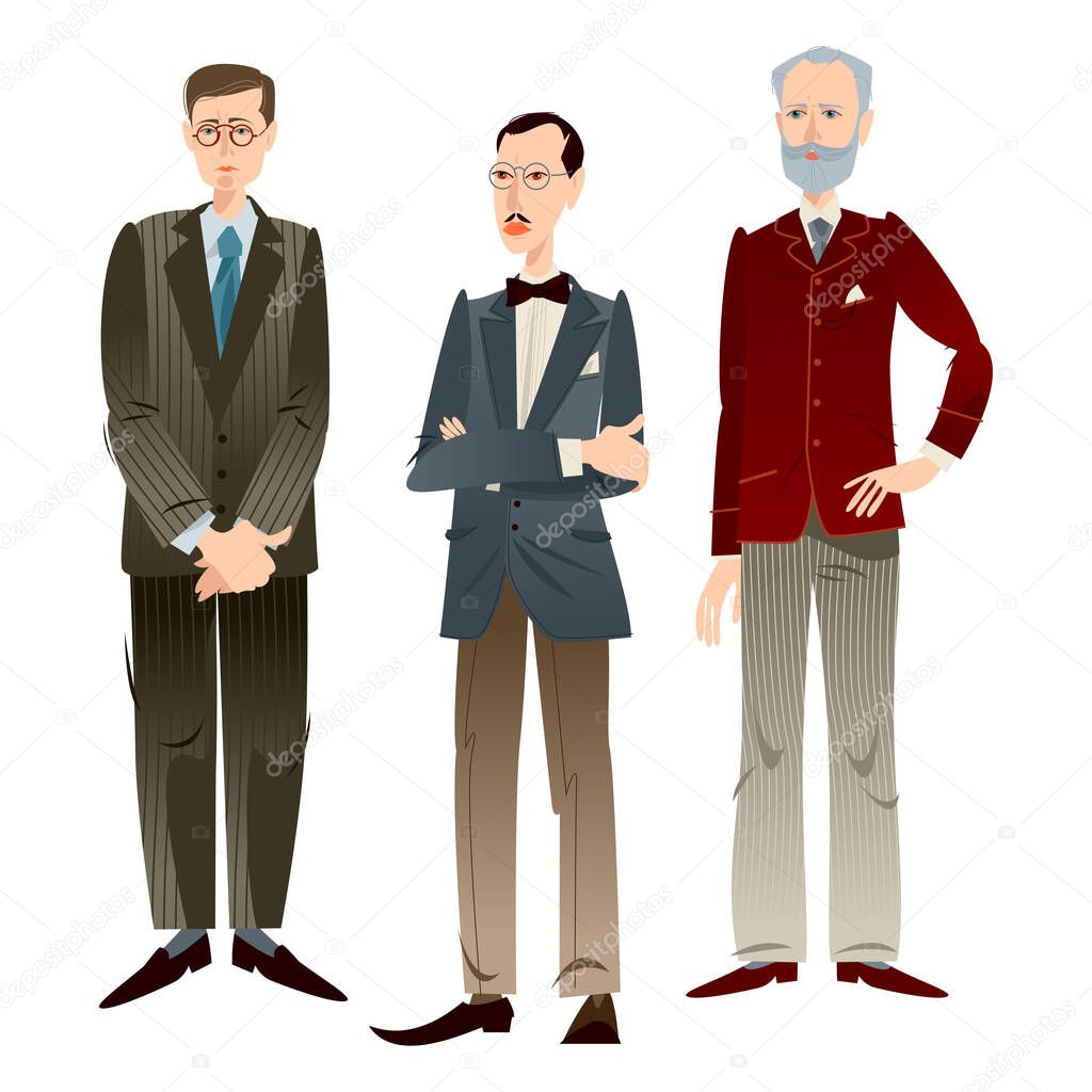 Dmitri Shostakovich, Igor Stravinsky, Pyotr Tchaikovsky. Famous Russian musicians. Vector illustratio