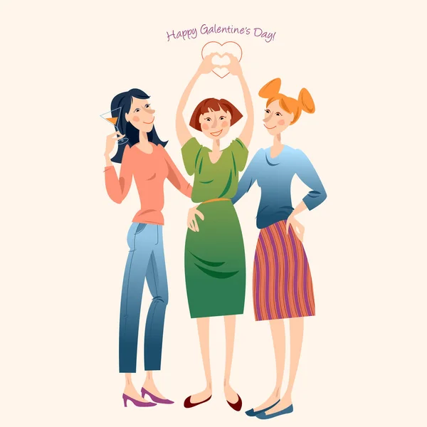 Три Улыбающиеся Девушки Счастливого Дня Галентин Векторная Иллюстрация Стоковая Иллюстрация