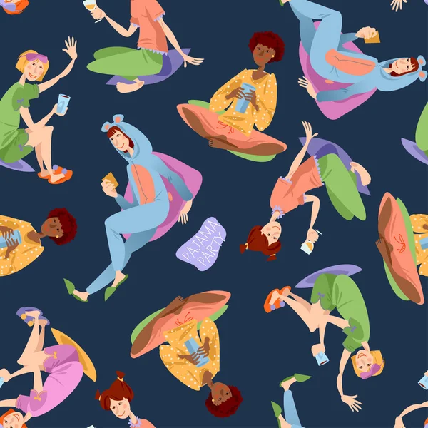 Четыре Многорасовые Девушки Пижамной Вечеринке Пижамная Вечеринка Бесшовный Рисунок Фона — стоковый вектор