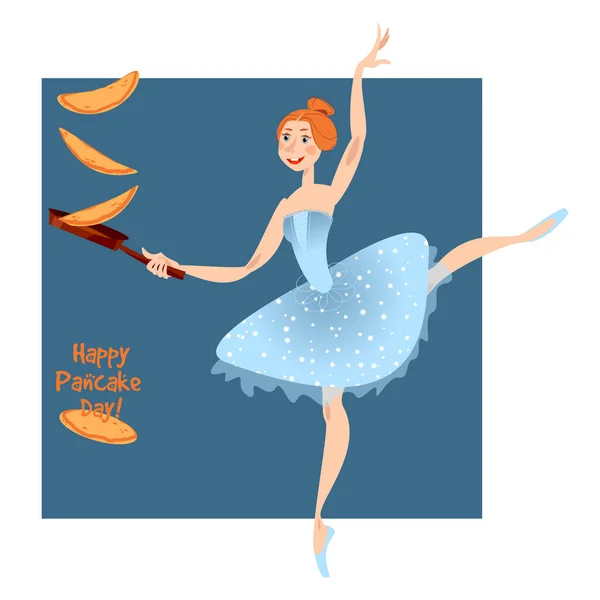 Jonge Ballerina Maakt Pannenkoeken Een Koekenpan Fijne Pannenkoekendag — Stockvector