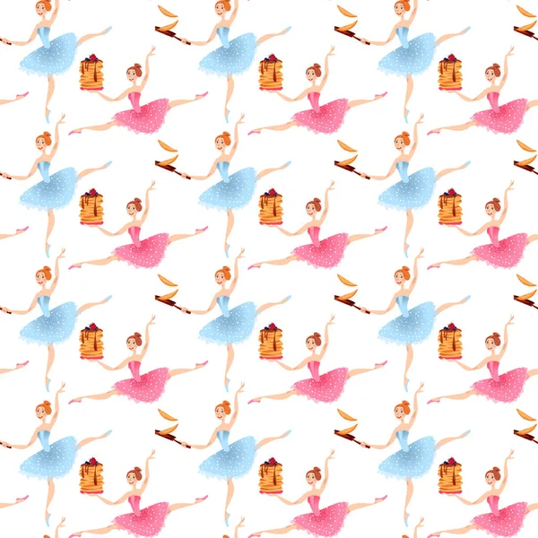 Bailarinas Jóvenes Con Panqueques Feliz Día Del Panqueque Patrón Fondo — Vector de stock