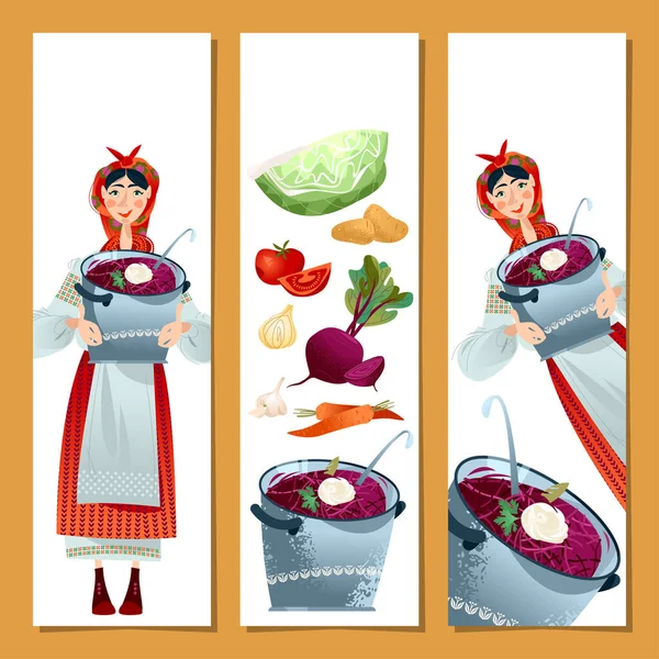 Комплект Закладок Традиционным Украинским Блюдом Борщовый Суп Шаблон Векторная Графика