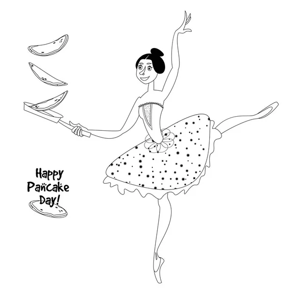 Молодая Балерина Переворачивает Блинчики Сковородке Масленицей Страница Раскраски Стоковый вектор