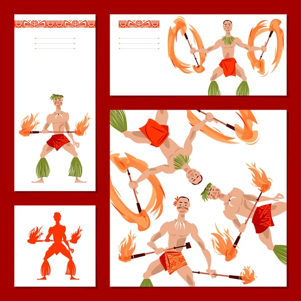 Комплект Универсальных Карт Полинезийскими Танцорами Огня Лицензионные Стоковые Иллюстрации