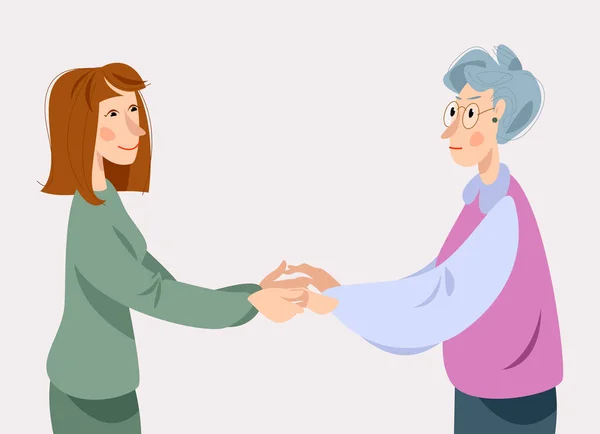 若い女性と高齢者の女性が手を取り合って見ています 認知症意識 — ストックベクタ