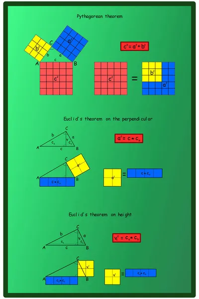 Teoremi Triangolo Rettangolo Teorema Pitagorico Teorema Euclideo Sul Teorema Perpendicolare — Vettoriale Stock