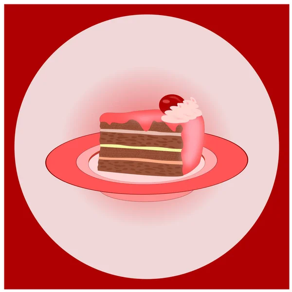 チェリー アイシング ホイップクリームのケーキシンボルは 円のある赤い正方形のフレームのピンクプレートにあります — ストックベクタ