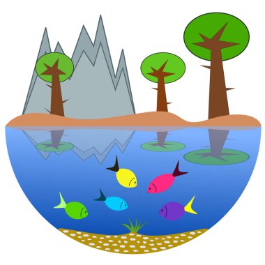 Abstraction of the island - at the bottom a semicircle of the sea with fish and at the top trees and mountains