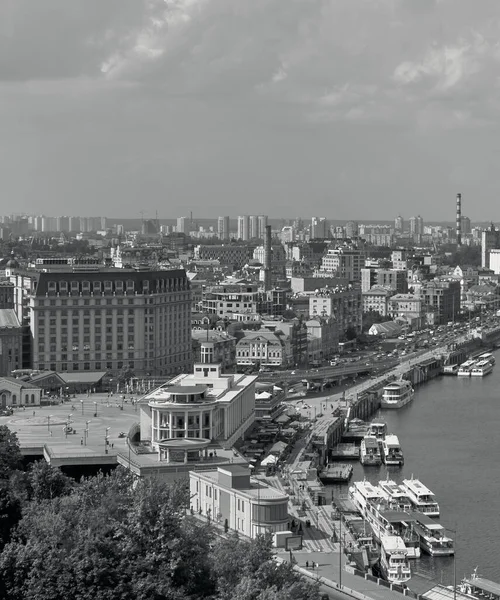 Landscape of the city of Kyiv. Black and white photo.