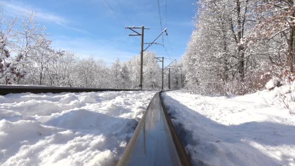 Σιδηροδρομικό Και Χειμερινό Τοπίο Σιδηρόδρομος Δάσος Χειμώνα — Αρχείο Βίντεο