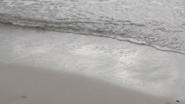 Ángulo superior de las olas del mar limpia rompiendo en la playa de arena — Vídeos de Stock