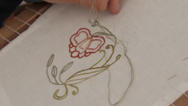 Medieval Historical Reenactment Close Shot Womans Hands Embroider Flower European — Stock Video