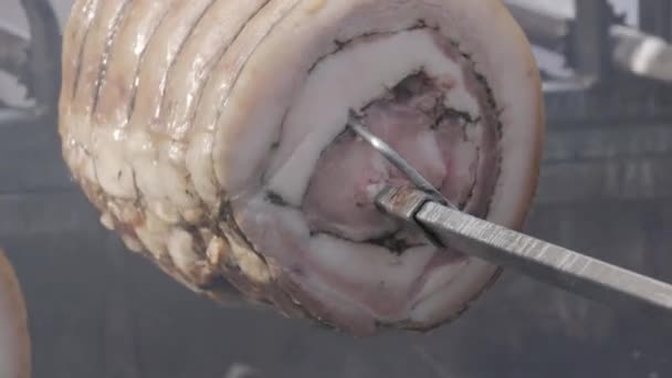 Close Shot Pork Roll While Roasting Hot Coals Roast Porchetta — Vídeos de Stock