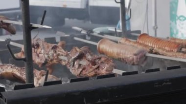 various types of pork roast meat on a metal skewer over the coals in a barbeque