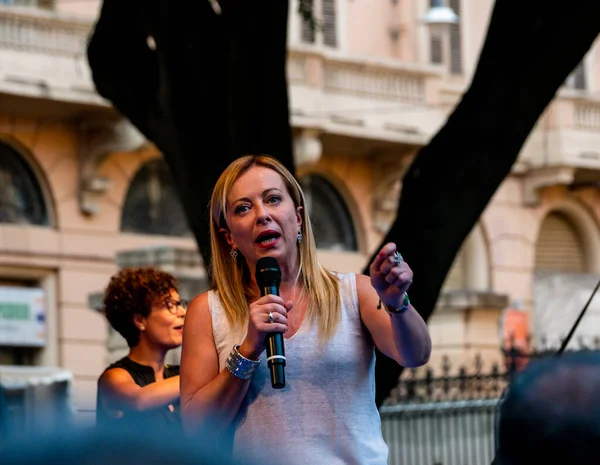 Cagliari, Sardinia, Italy: SEP 22 2022: Giorgia Meloni Fratelli D'Italia on the stage of the rally in cagliari discuss about new elections Piazza del Carmine, Cagliari