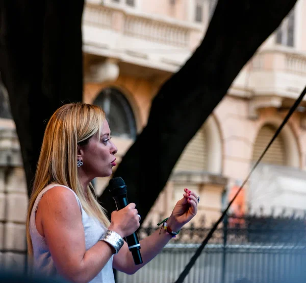 Cagliari, Sardinia, Italy: SEP 22 2022: Giorgia Meloni Fratelli D'Italia on the stage of the rally in cagliari discuss about new elections Piazza del Carmine, Cagliari
