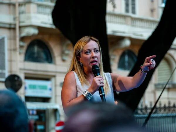 Cagliari, Sardinia, Italy: SEP 22 2022: Giorgia Meloni Fratelli D'Italia on the stage of the rally in cagliari discuss about new elections Piazza del Carmine, Cagliari
