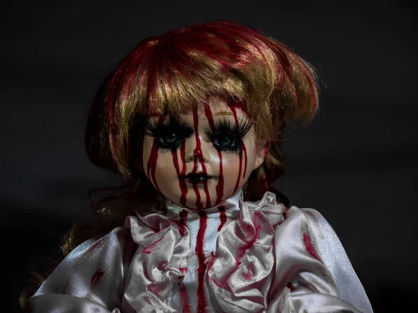 Horror Style Porcelain Blonde Hair Doll Face Darkness Covered Blood — Stock Photo, Image