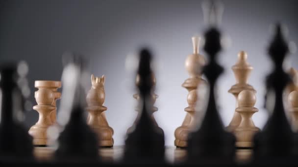 Šachovnice s liniemi bílých a černých dřevěných šachových figurek — Stock video