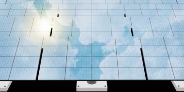 Güneş paneli güneş enerjisi yansıması gökyüzü ve bulutlar 3 boyutlu illüstrasyon