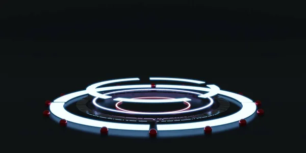 激光环形数字霓虹灯全息图 带有粒子和闪光环的气缸 暗室3D插图 — 图库照片
