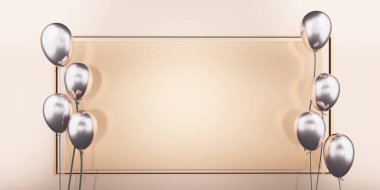 Mutlu yıllar ve noeller açık pembe metin çerçevesi ve balonlar arka plan 3 boyutlu illüstrasyon