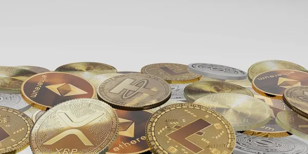 Criptomoeda Com Símbolos Bitcoin Litecoin Etéreo Combinação Moedas Fundo Branco — Fotografia de Stock