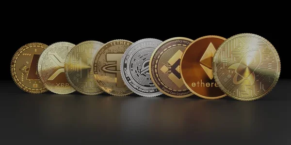 Schließe Kryptowährungsmünzen Mit Bitcoin Litecin Und Ethereum Symbolen Auf Dunklem — Stockfoto