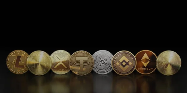 Tartalmazza Cryptocurrency Érmék Bitcoin Litekoin Ethereum Szimbólumok Sötét Háttér Tükröződés — Stock Fotó