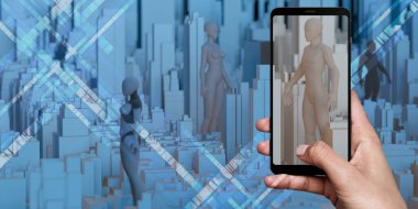 Akıllı telefondaki metaverse dünyası sanal dünyadaki üç boyutlu illüstrasyondaki insanların ekranlarında simüle edilmiş bir şehri gösteriyor.