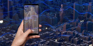 Akıllı telefondaki metaverse dünyası sanal dünyadaki üç boyutlu illüstrasyondaki insanların ekranlarında simüle edilmiş bir şehri gösteriyor.
